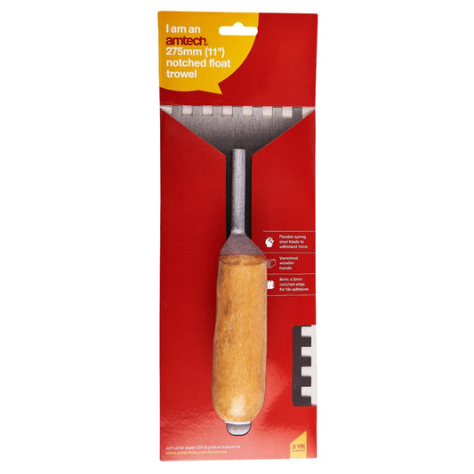 11” Notched 8x8mm Float Trowel – Wooden Handle