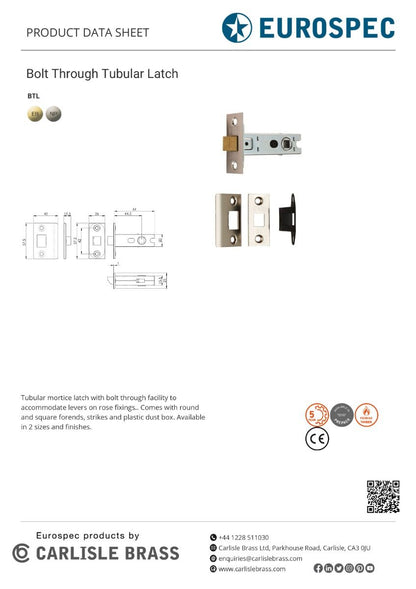 Carlisle Brass BTL4/SQ 3" Ce B/T Tubular Mortice Latch Square Np 76mm Nickel Plated