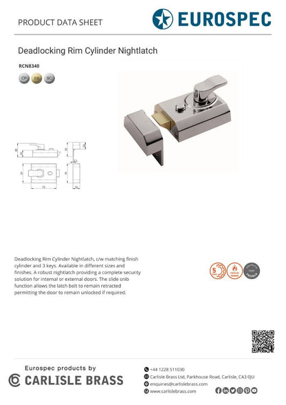 Eurospec RCN8360PC Rim Cylinder Deadlocking Nightlatch 60mm Level 3 Polished Chrome
