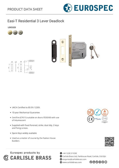 Eurospec LDE5330SN Easi-T 3 Lever Deadlock 76mm Residential (Satin) Satin Nickel