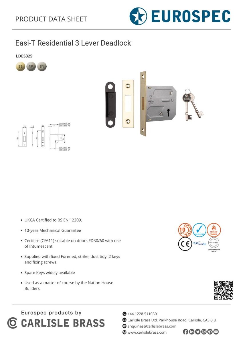 Eurospec LDE5325NP 3 Lever Contract Deadlock 2.5 Nickel Plated