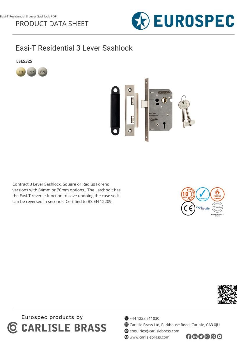 Eurospec LSE5330NP 3 Lever Sashlock - Economy Nickel Plated